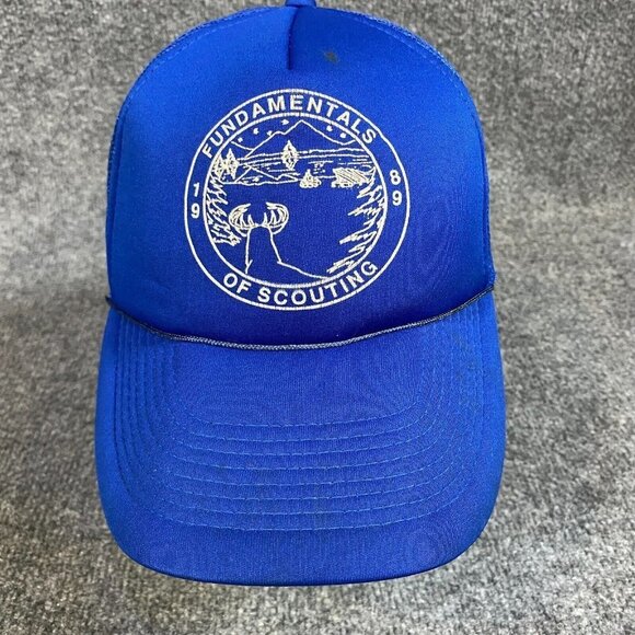 BSA Fundamentals of Scouting Trucker Hat 1989 Blue Mesh Vintage - Picture 1 of 6